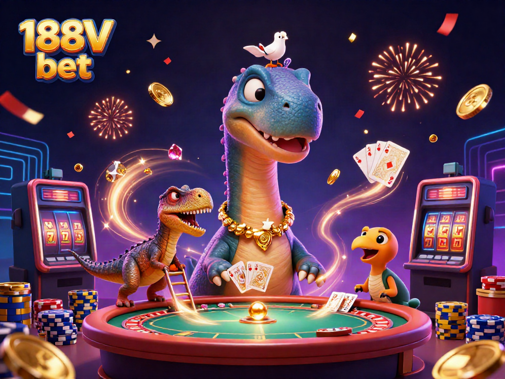 Engage in the excitement of 188V bet with a cartoon dinosaur and clever raptor in a vibrant casino scene.