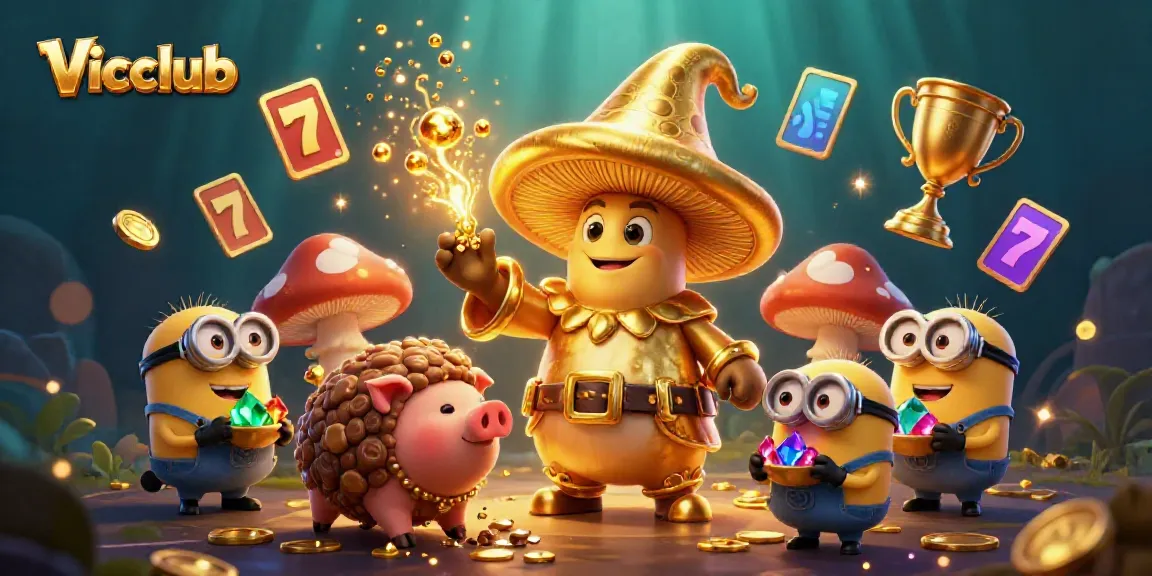 Vicclub showcases a vibrant casino scene with a golden wizard, treasure pig, and shiny game elements.