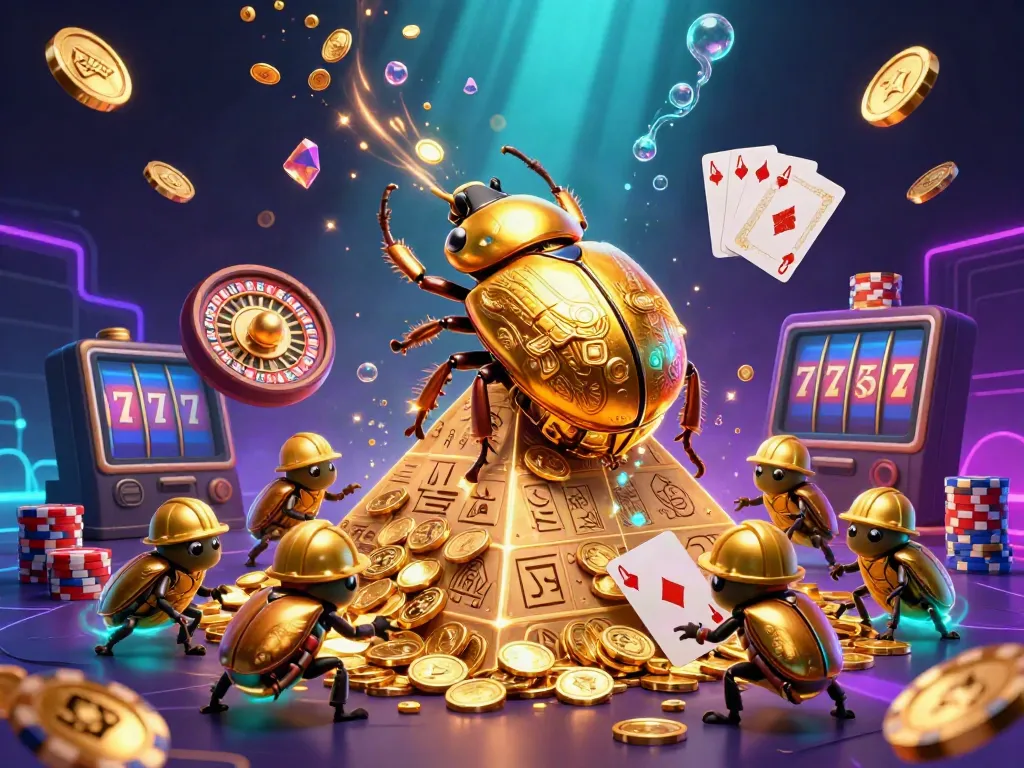 Experience the excitement of five88bet with a golden beetle rolling coins enriched by casino elements.