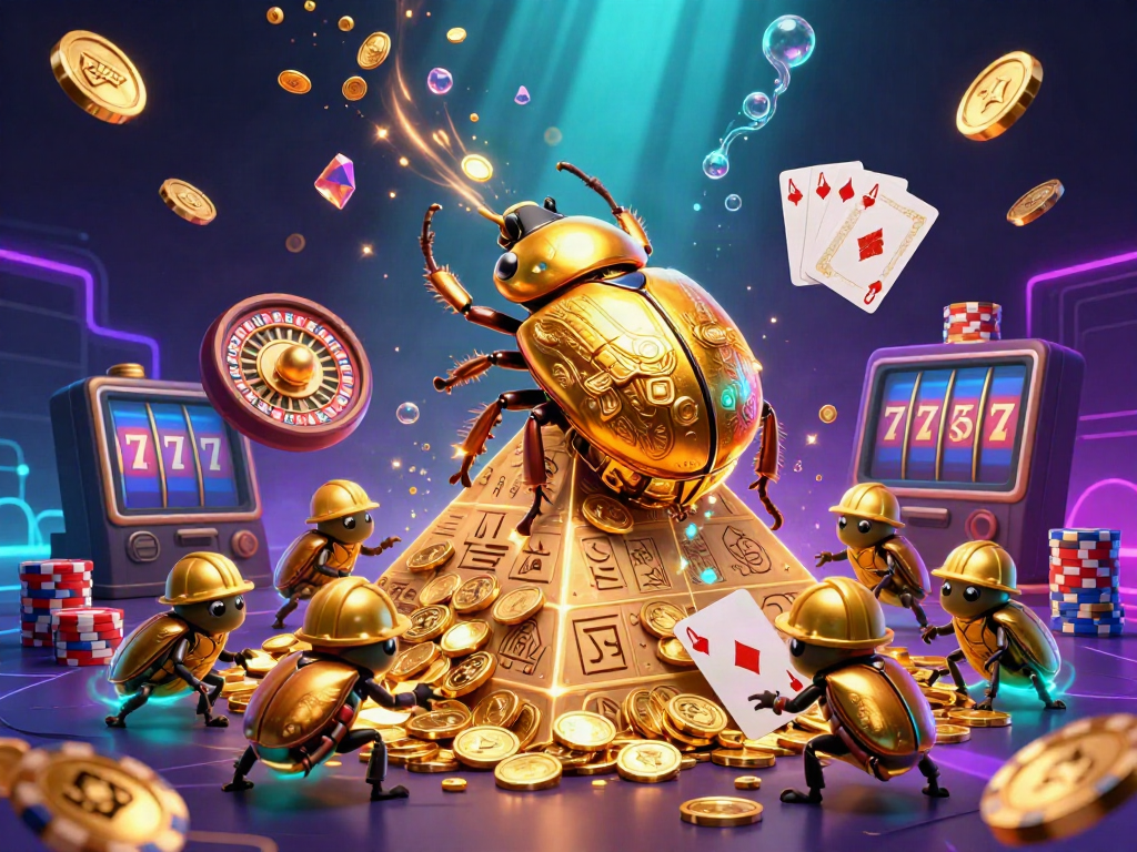 Experience the excitement of five88bet with a golden beetle rolling coins enriched by casino elements.