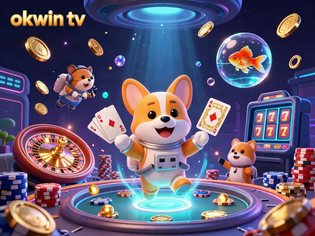 Experience the thrilling universe of okwin tv with a floating corgi and casino treasures in a dynamic 3D scene.