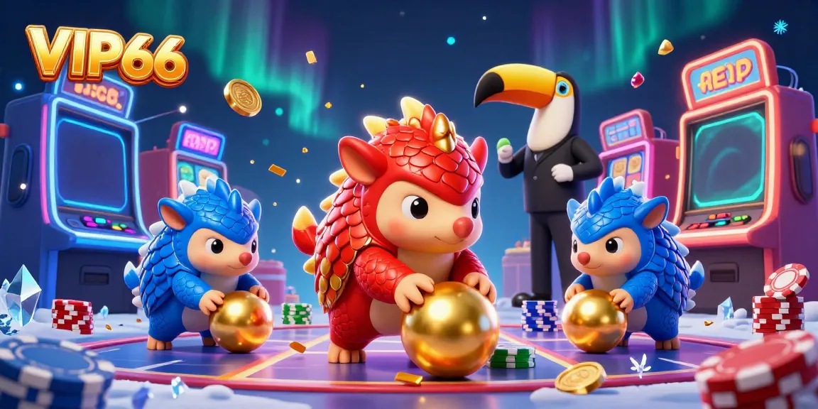 Experience thrilling moments with VIP66 as pangolins gamble among poker chips and slot machines.