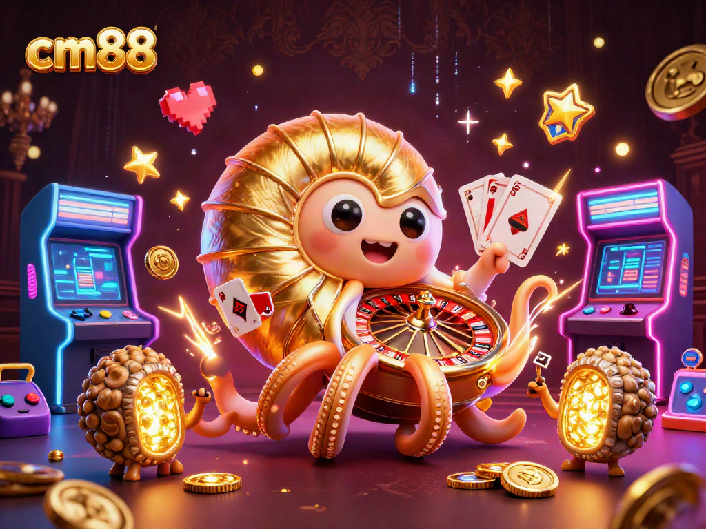 Spin to win with cm88's vibrant casino illustration featuring a giant nautilus roulette wheel.