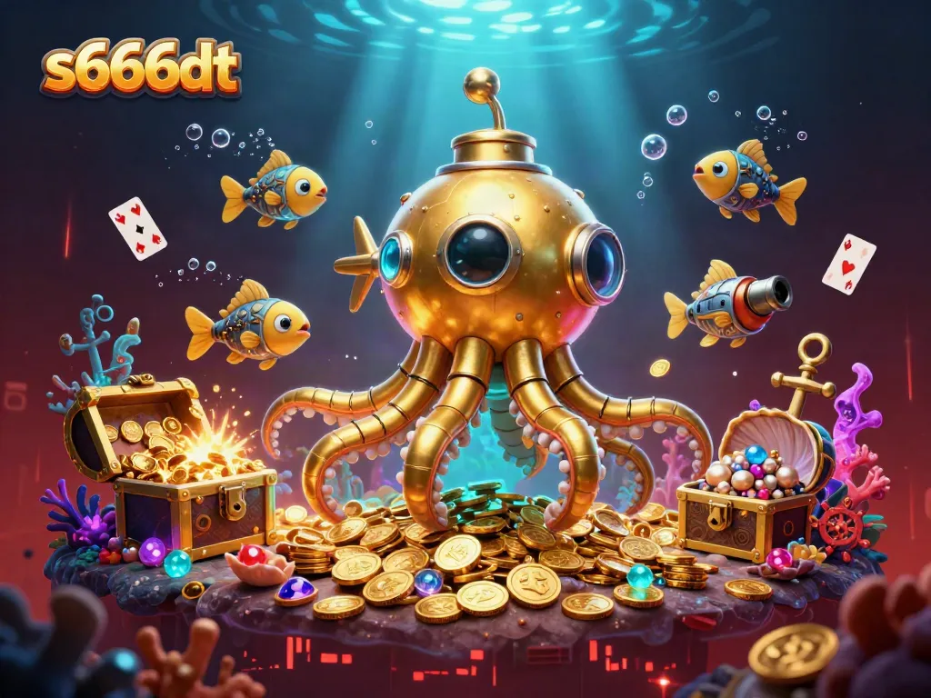 Experience thrilling gameplay at s666dt with mechanical fish and treasure in a vibrant casino scene.