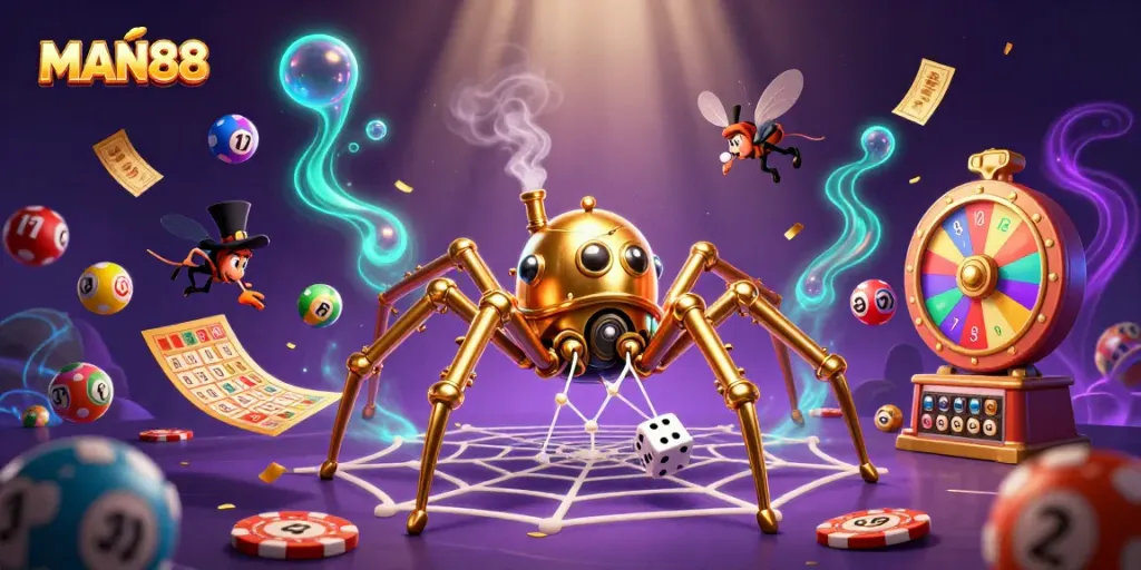 Experience thrilling gaming with MAN88 in a vibrant casino scene filled with dynamic lottery elements.