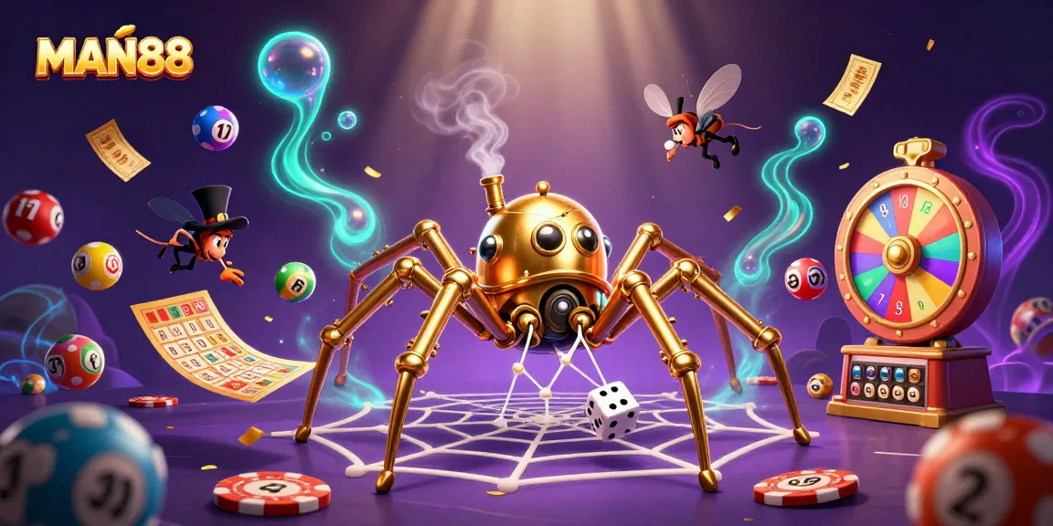 Experience thrilling gaming with MAN88 in a vibrant casino scene filled with dynamic lottery elements.