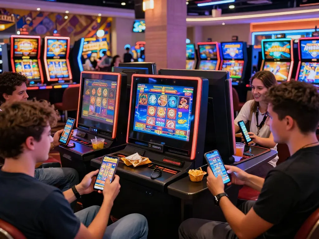 Experience exciting games at DA88, where friends engage with diverse slot games in a vibrant casino atmosphere.