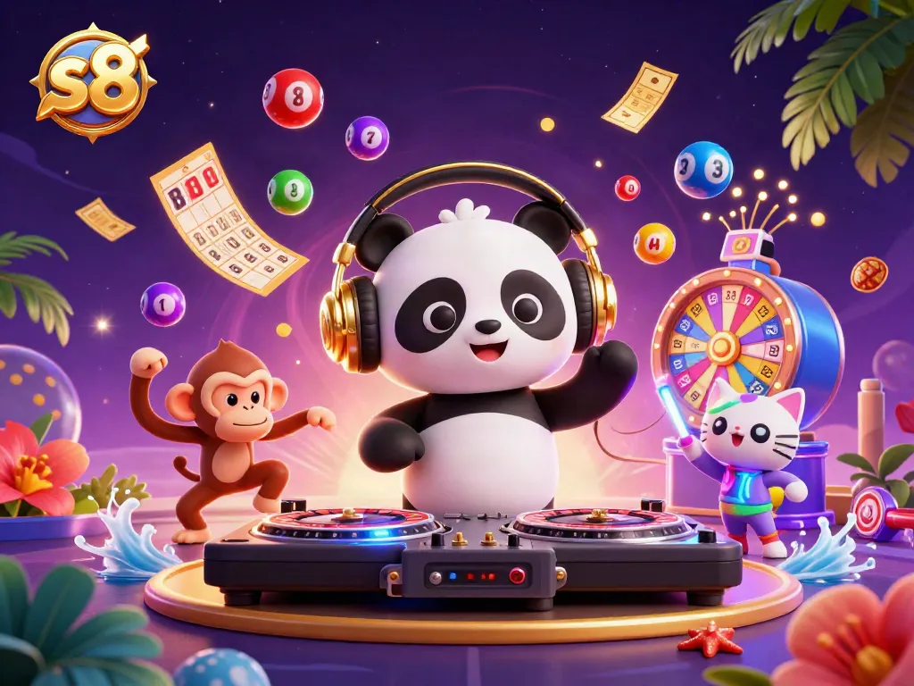 Spin the reels with s8 as an enchanting scene unfolds with colorful lottery balls and energetic characters.