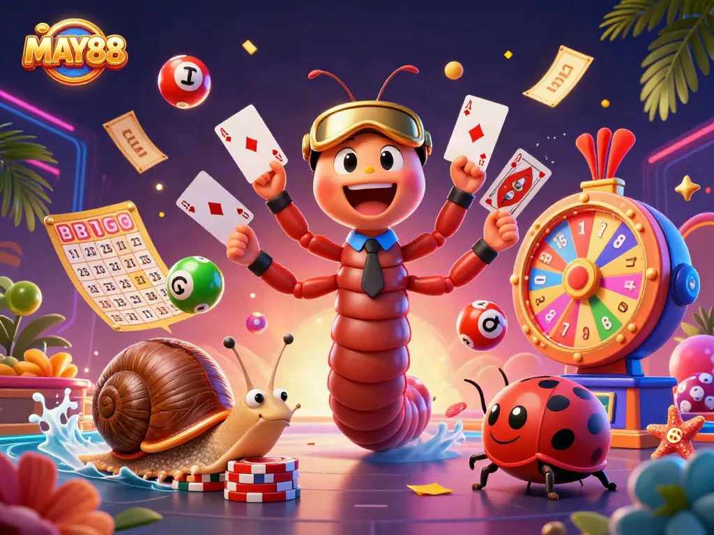 Engage in dynamic gaming action with MAY88, featuring vibrant characters and exciting casino elements.