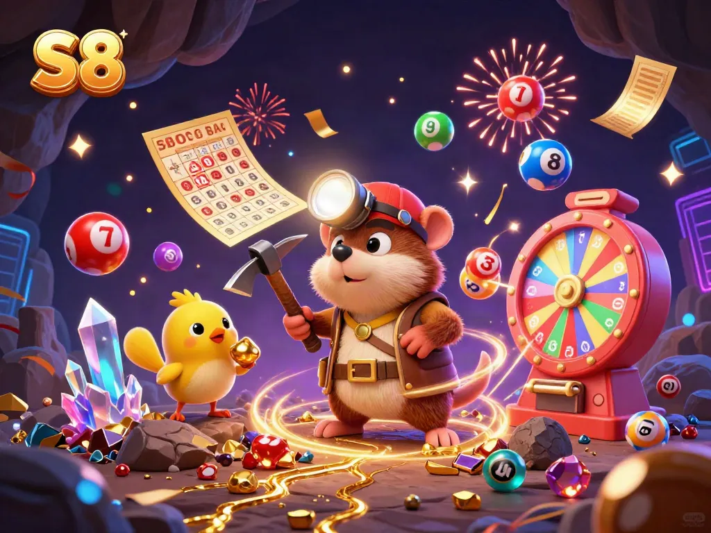 Experience the excitement of S8 with a vibrant scene featuring a treasure hunter and lottery elements.