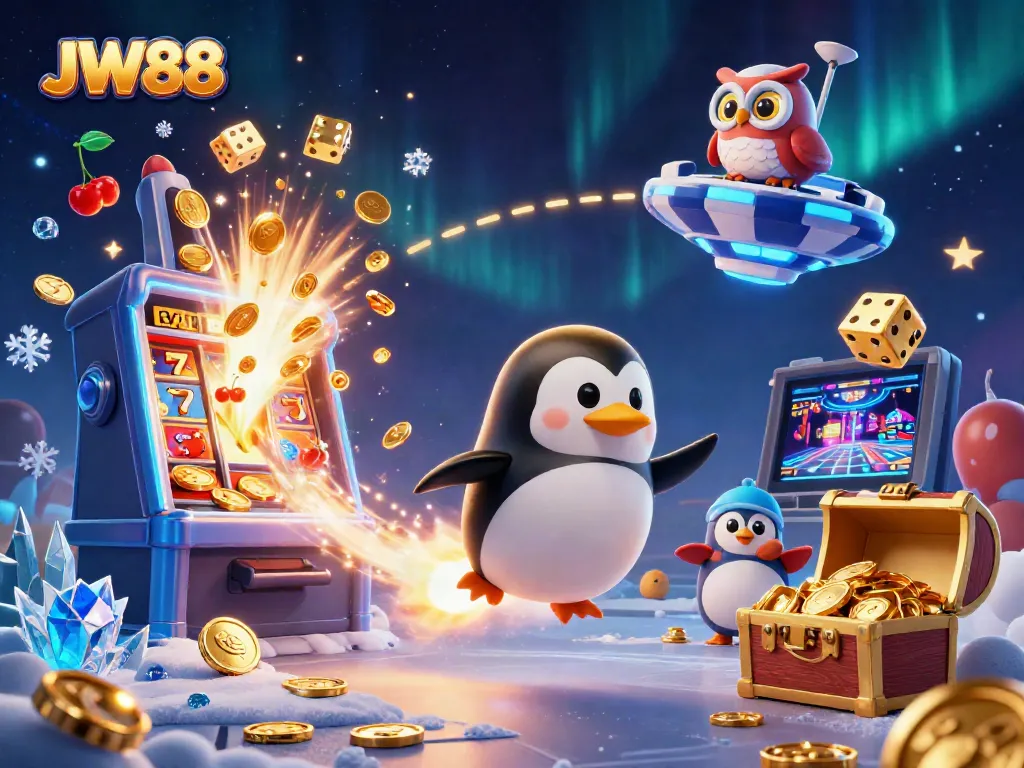 Experience the thrill at JW88, where a golden penguin leads an exciting casino adventure in space.