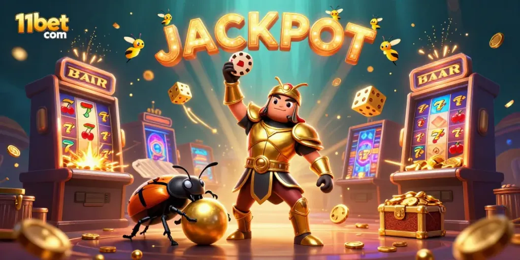 Experience a thrilling jackpot moment with 11bet com as cartoon beetles celebrate casino wins.