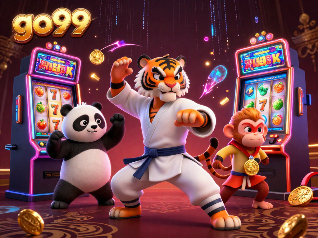 Engage with the vibrant go99 casino experience featuring animated characters amidst slot elements.