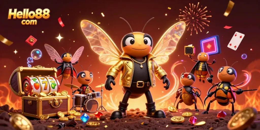 Engage with thrilling casino excitement at Hello88 com as a vibrant rock star cicada performs amidst gold coins and jackpot symbols.