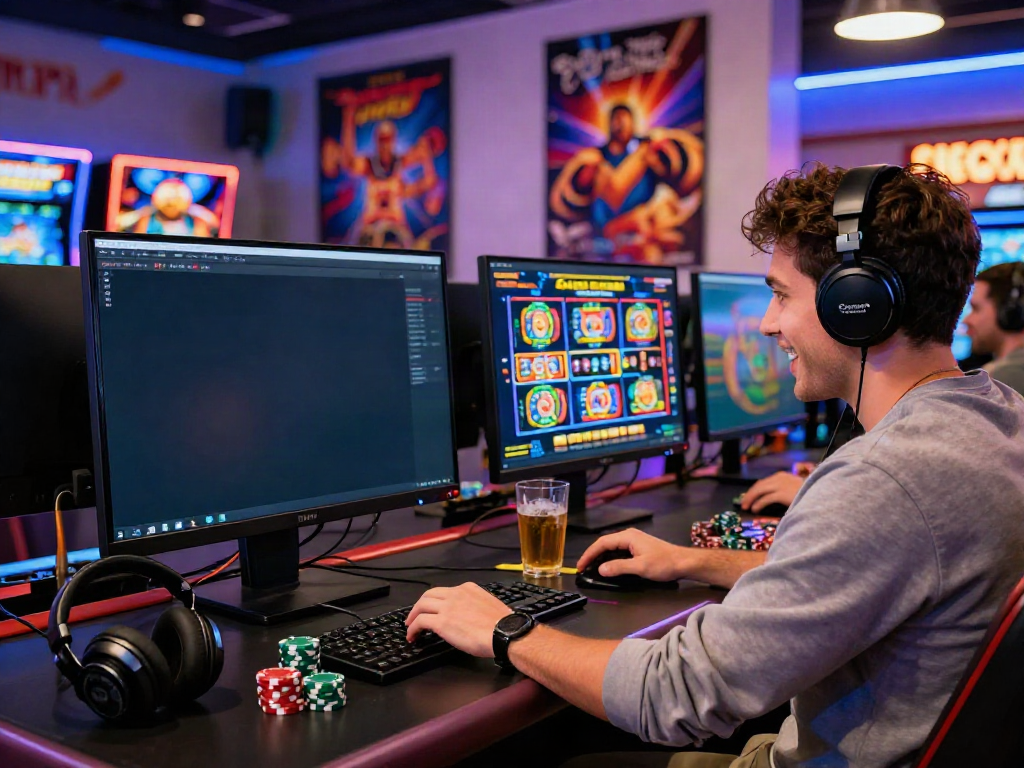 Player enjoying Casino sans Depot bonuses at a vibrant gaming workstation with lively decor.