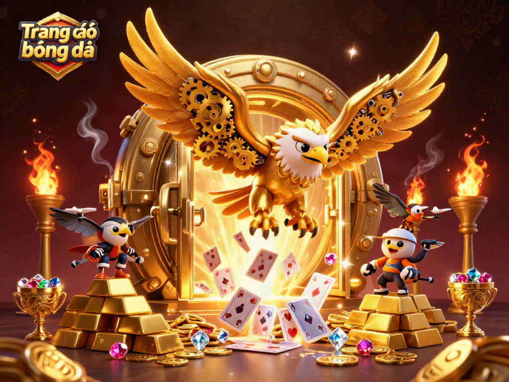 Experience the thrill of Trang cá độ bóng đá with a dynamic scene featuring a cybernetic eagle, treasure, and playing cards.
