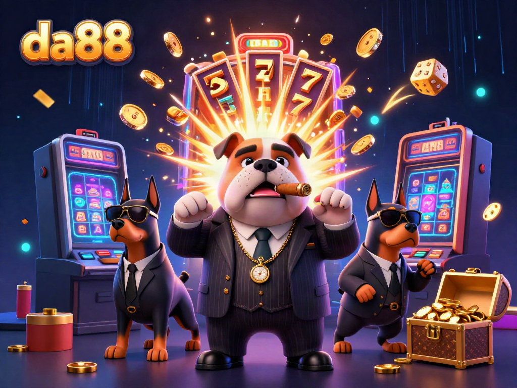 Join the excitement at da88 with a vibrant graphic showcasing a dog-themed casino scene filled with winnings!