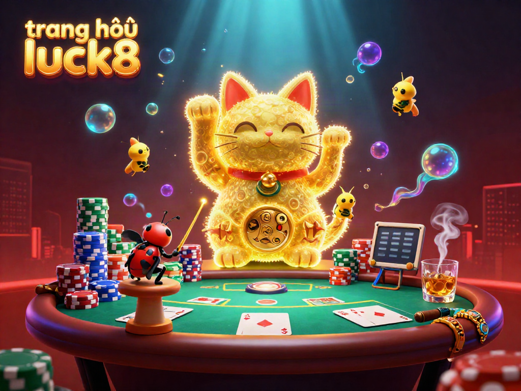 Experience vibrant excitement at trang chủ luck8 with a stunning lucky cat amidst colorful casino symbols.