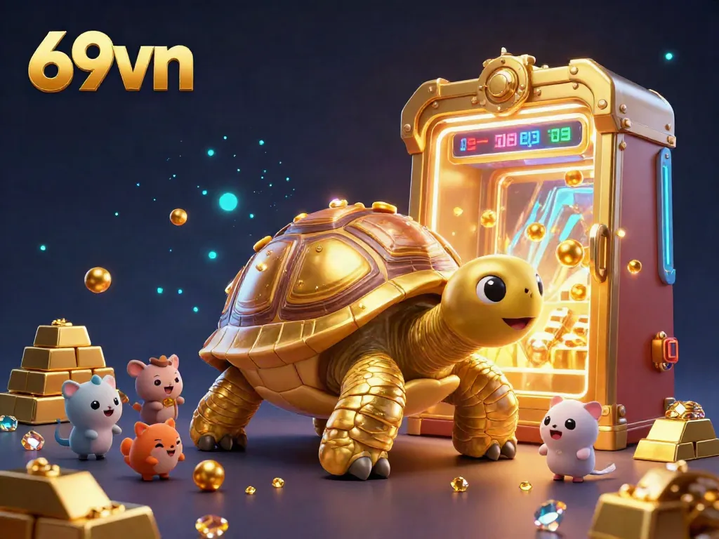 Experience the excitement of the 69vn casino with a vibrant scene of a colossal golden tortoise-themed pinball machine.
