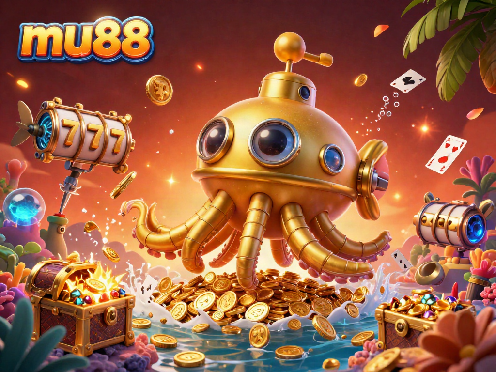 Experience the excitement of mu88 with a vibrant underwater casino scene full of riches and game elements.