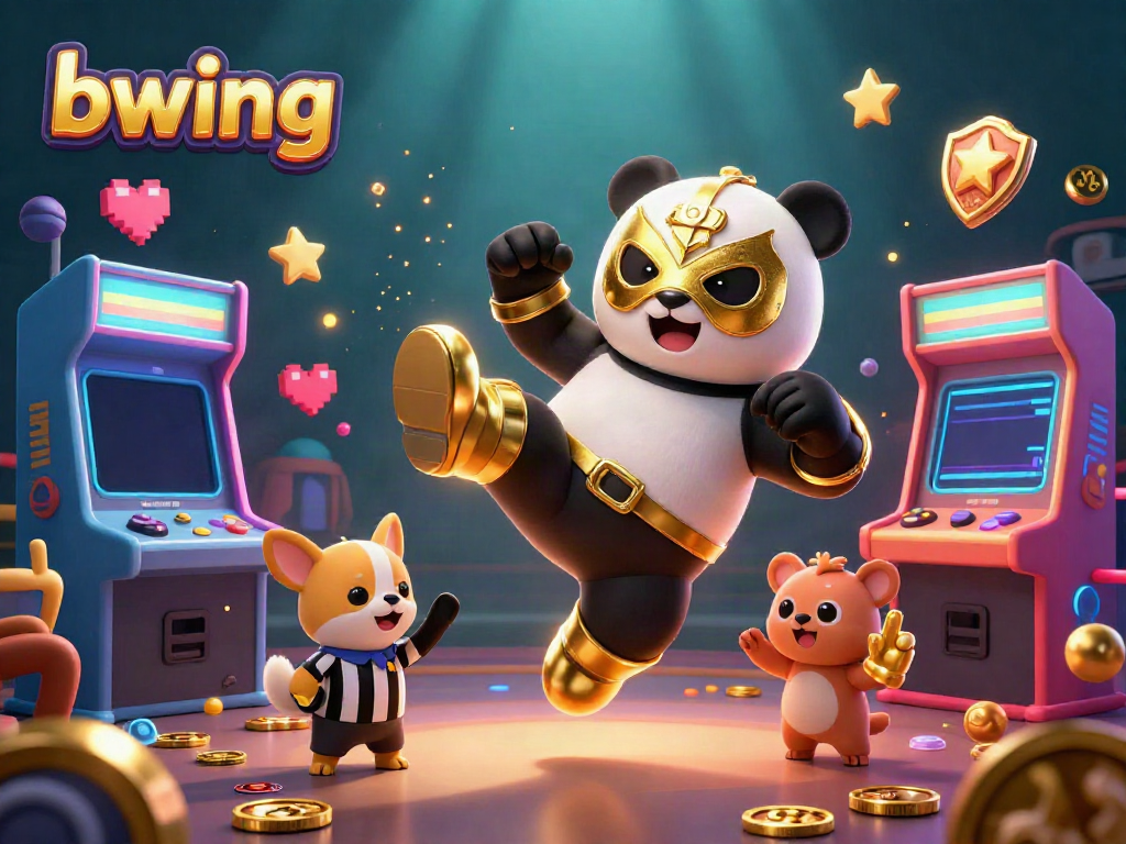 Bwing casino action scene featuring a panda wrestler and cheering animal crowd with dynamic gaming elements