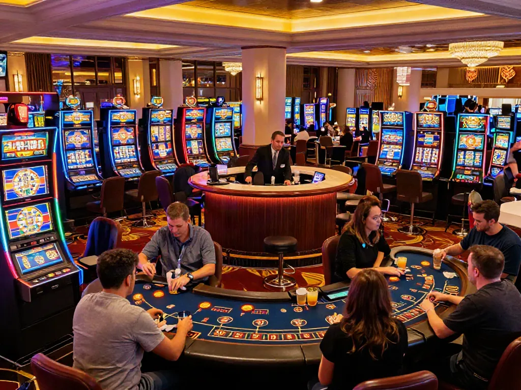 Engaging Casino Gratuit atmosphere with players at slot machines and lively bar area, highlighting excitement.