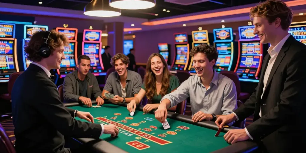 Exciting casino scene highlighting friends enjoying the thrill of bonus sans depot casino games.