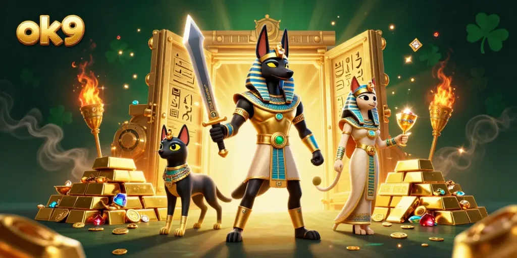 ok9 reveals an epic jackpot scene with Anubis and Bastet amidst treasures and casino excitement