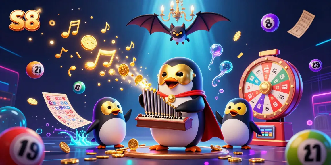 Engage in exciting casino gameplay with S8, featuring a vibrant scene of a penguin and lottery elements.
