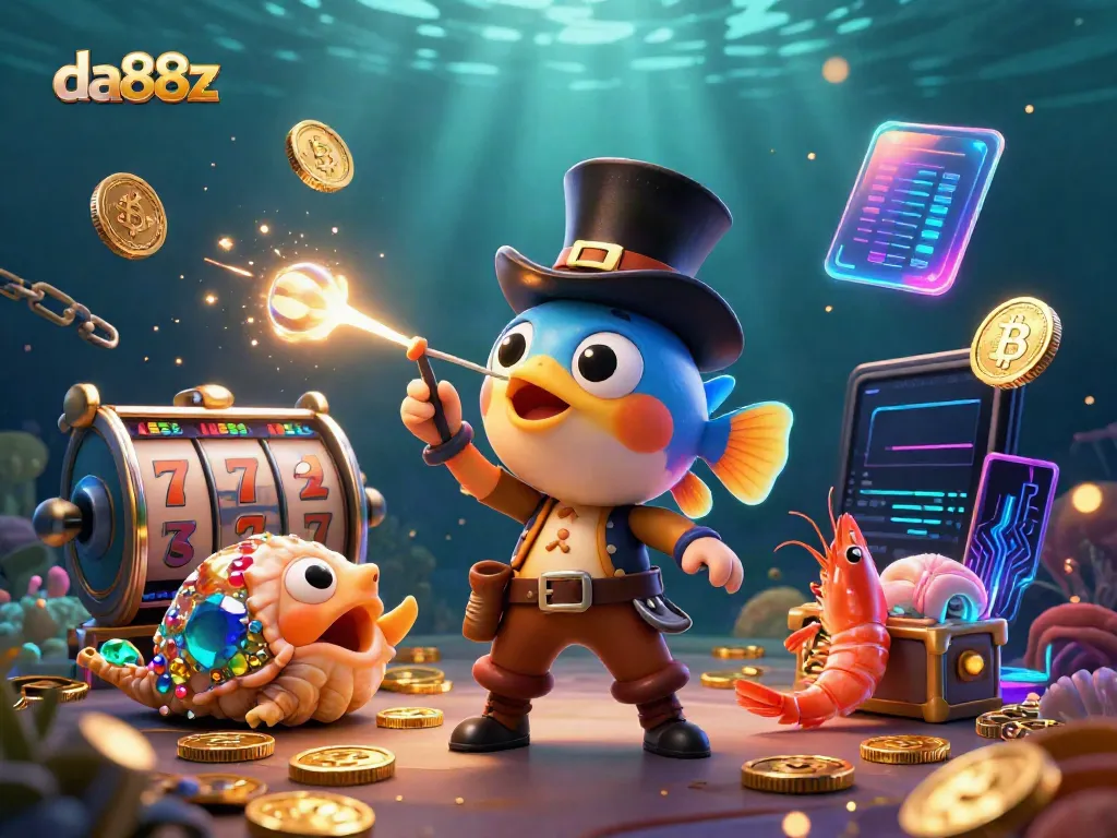 Engage with da88z's online gaming world as a glowing anglerfish attracts coins amid vibrant slot symbols.