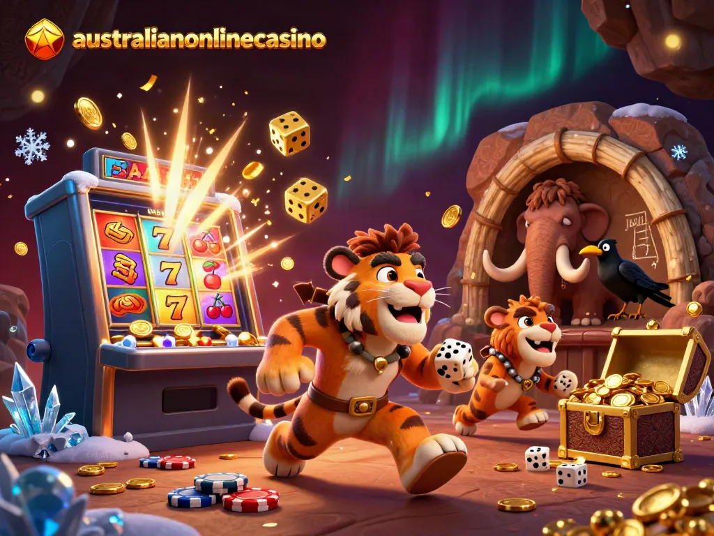 Play at australianonlinecasino with a vibrant prehistoric casino scene showcasing a caveman and tiger duo.