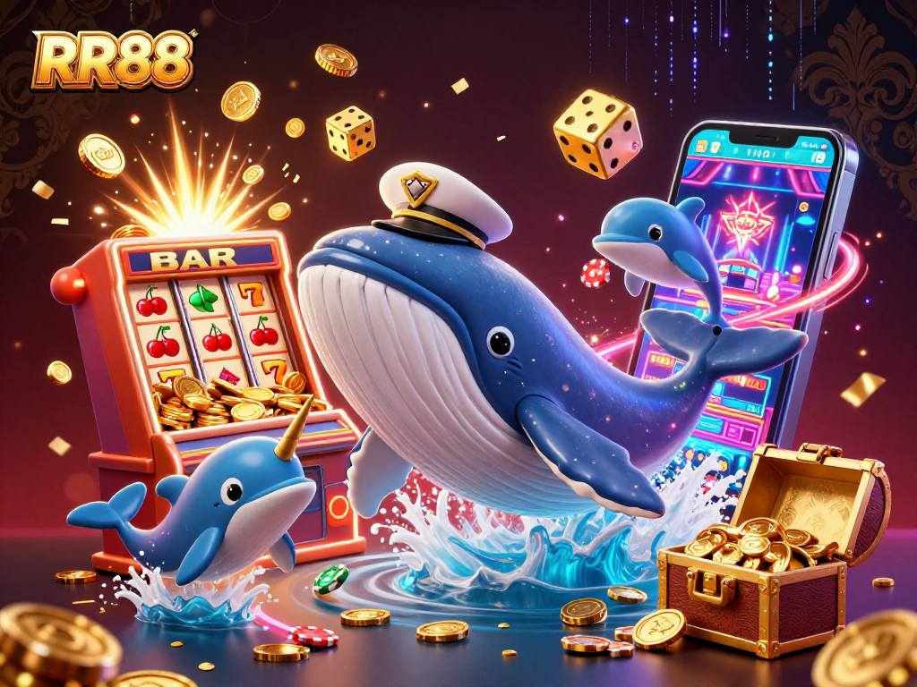 Experience the thrill of RR88 with a colorful 3D casino scene featuring playful characters and exciting game elements.