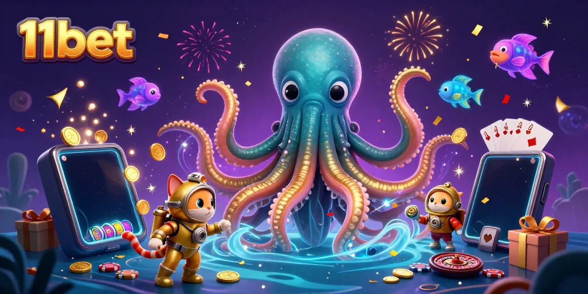Engage with the thrilling world of 11bet featuring a kraken, diving cat, and casino elements in a vibrant underwater setting.