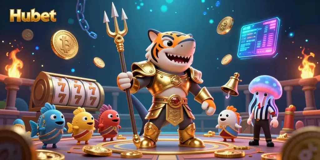 Experience the thrilling world of Hubet with immersive underwater gambling action featuring the tiger shark and slot reels.