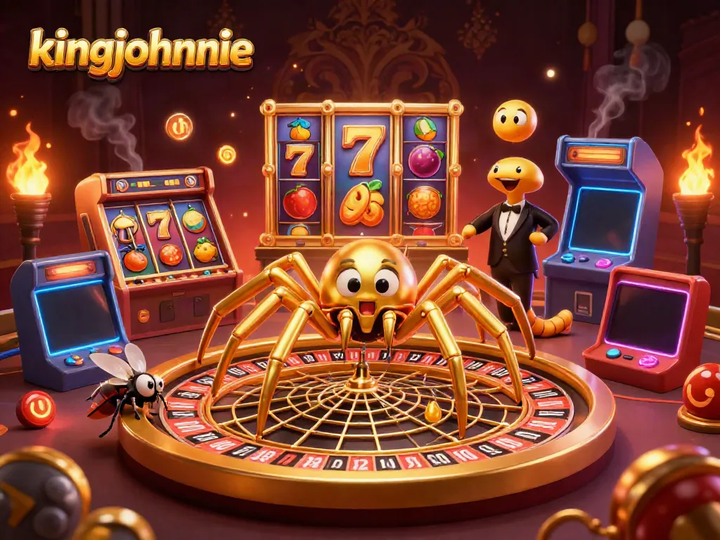 Experience the thrill of roulette at kingjohnnie with bets placed around a giant web, surrounded by colorful slot machines.