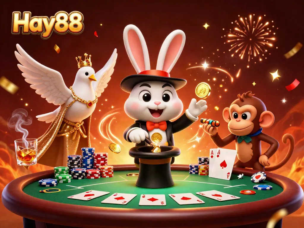 Hay88's dynamic casino scene with a magician rabbit, dove, and monkey surrounded by vibrant poker elements.