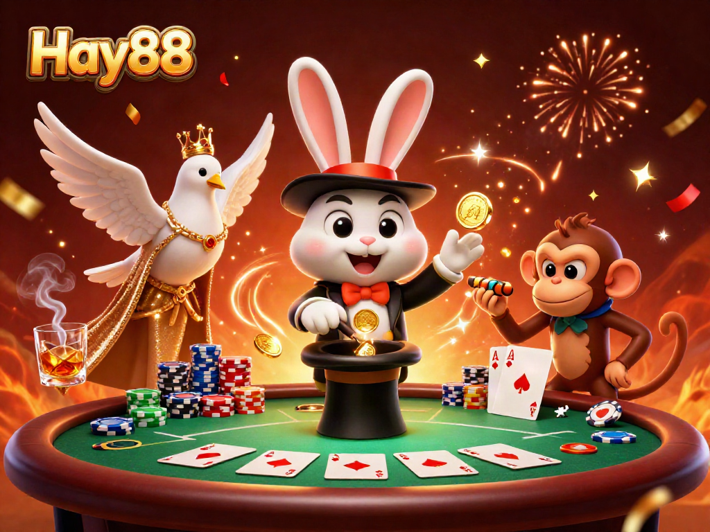 Hay88's dynamic casino scene with a magician rabbit, dove, and monkey surrounded by vibrant poker elements.