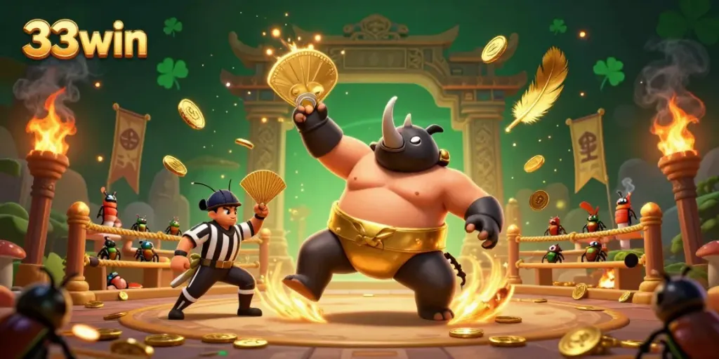 Experience the excitement of 33win with a dynamic scene featuring a powerful beetle champion amidst swirling golden coins and cheering spectators.
