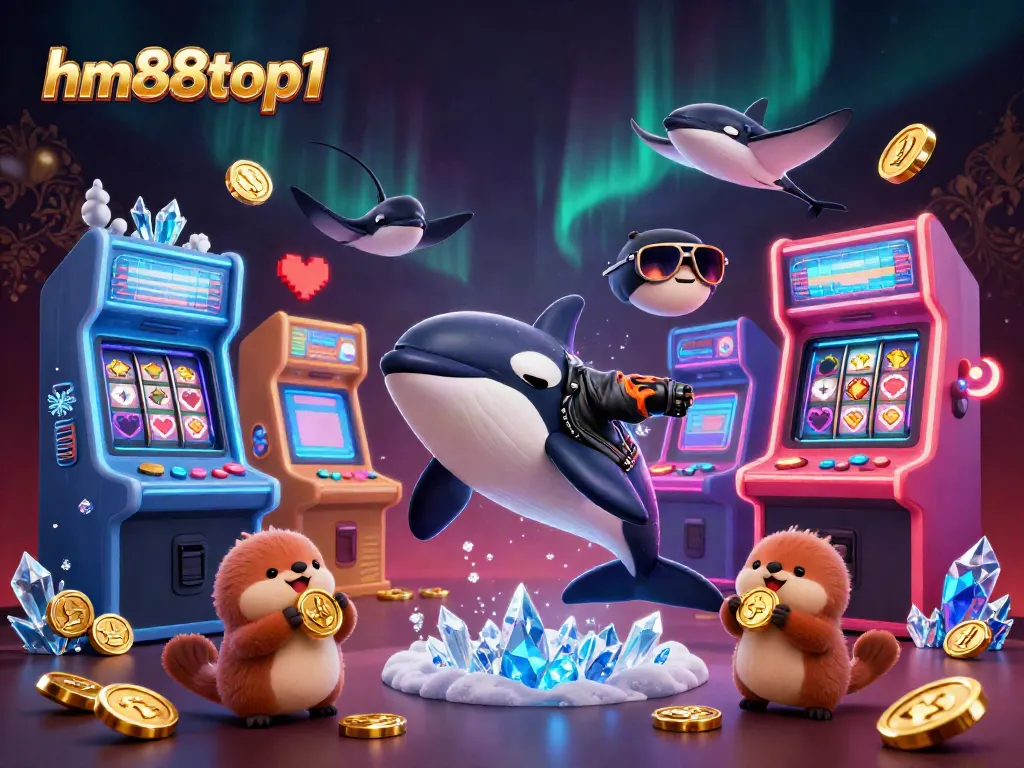 Engage with exciting games at hm88top1 while a vibrant orca whale and otters enjoy a treasure-filled casino atmosphere.