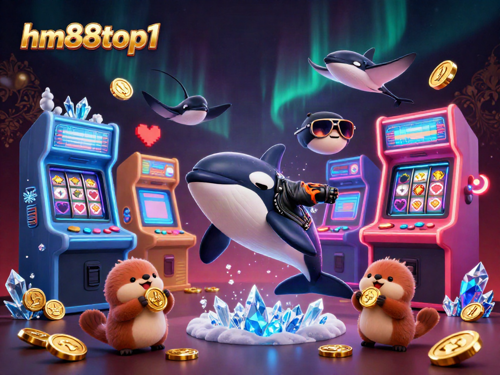 Engage with exciting games at hm88top1 while a vibrant orca whale and otters enjoy a treasure-filled casino atmosphere.