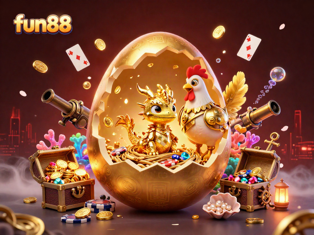 Experience thrill with fun88, vibrant golden dragon in a casino-themed 3D illustration.