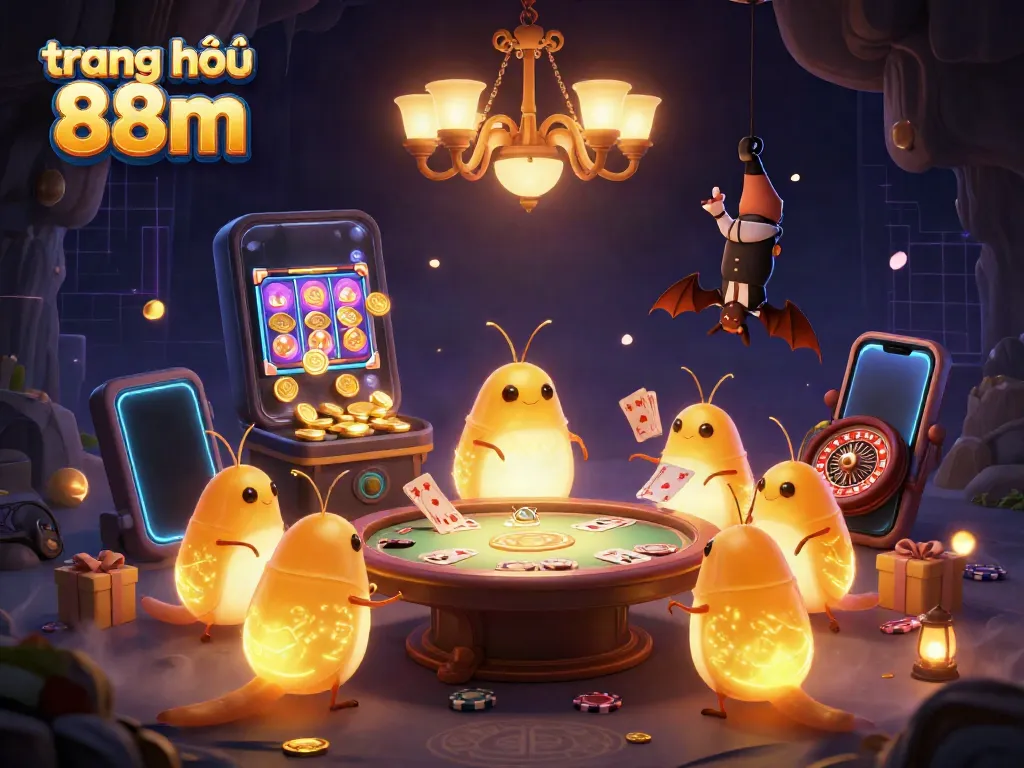 Engage in thrilling fun at trang chủ 88m with glowworms lighting up the cave casino, showcasing slot games and vibrant casino elements.