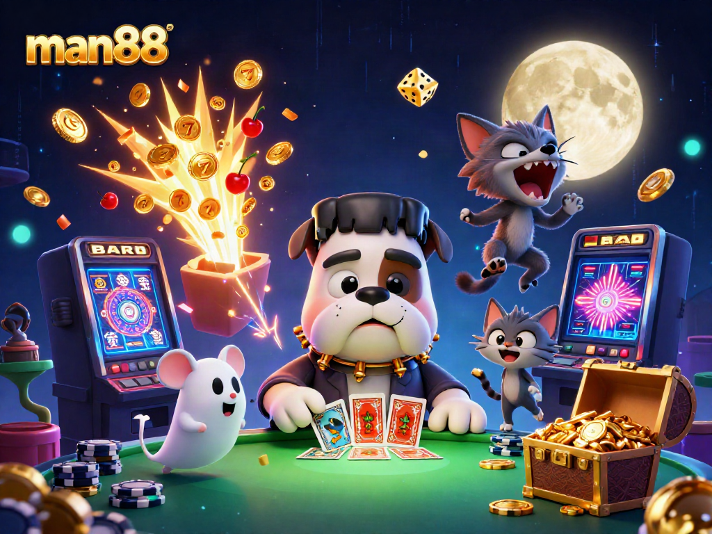 Experience thrilling gameplay at man88 with a lively casino atmosphere featuring unique characters and vibrant game elements.