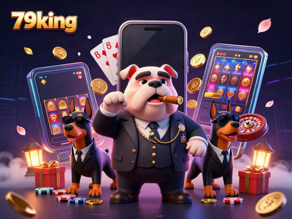 Experience thrilling action with 79king's vibrant games, showcasing a cartoon mafia bulldog and casino elements.