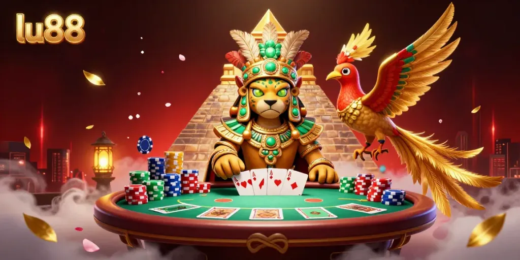 Experience the excitement of lu88 with a vibrant scene featuring a Mayan jaguar priest and rich game elements.