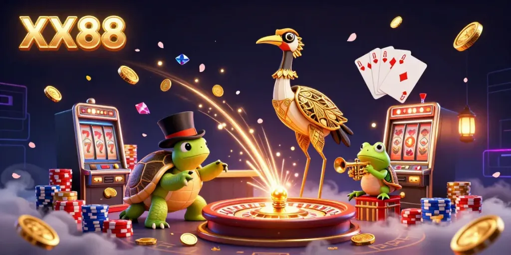 Experience the excitement of XX88 with a vibrant casino scene featuring lively characters and rich gambling elements.