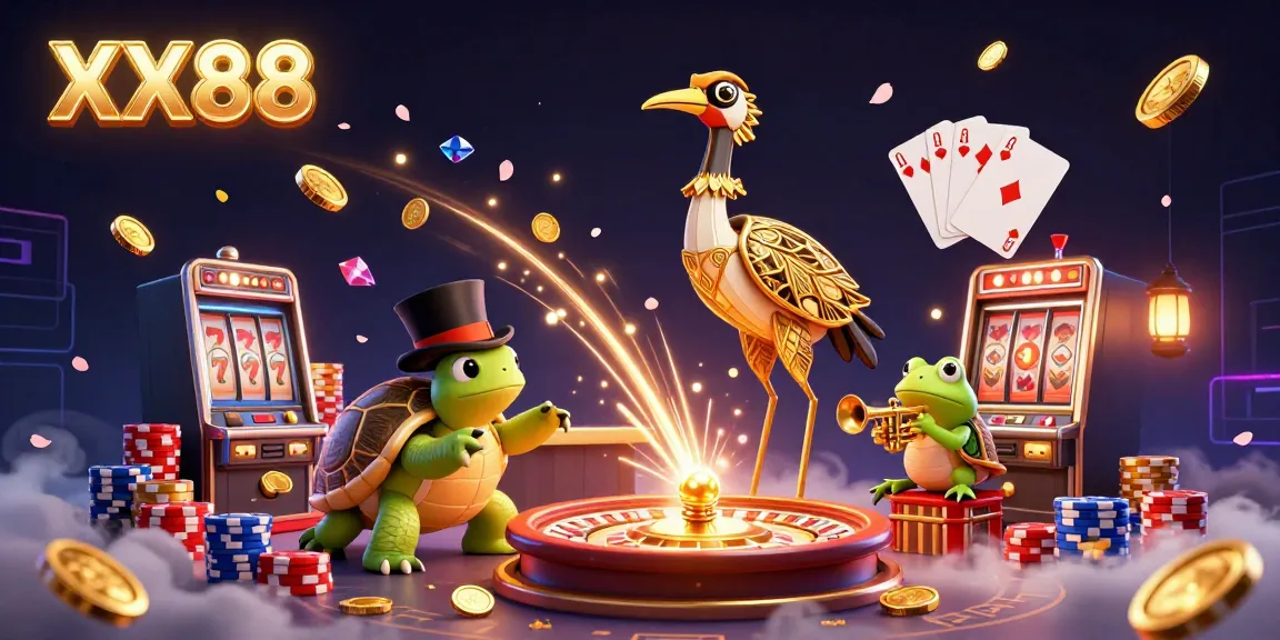 Experience the excitement of XX88 with a vibrant casino scene featuring lively characters and rich gambling elements.