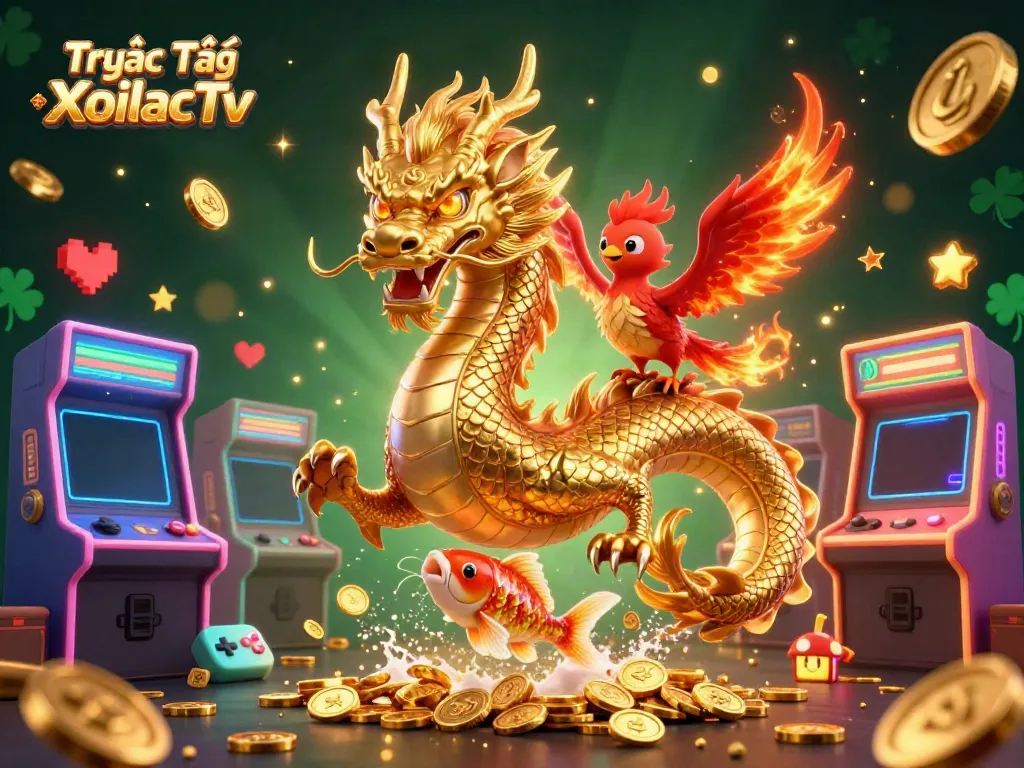 Engage with Trực Tiếp XoilacTv featuring a dragon, phoenix, and koi in a vibrant 3D casino illustration.