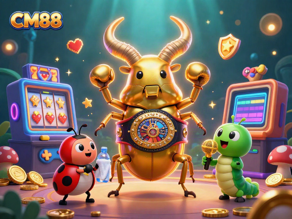 Engage with CM88 in this vibrant casino-themed 3D scene featuring golden treasures and gaming excitement.