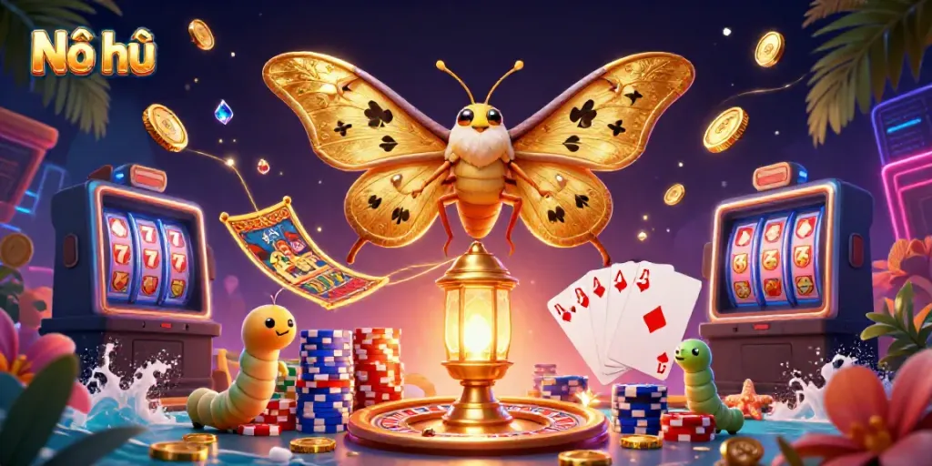 Nổ hũ showcases vibrant casino elements with golden coins, moth, and vibrant gamescape for thrilling fun.